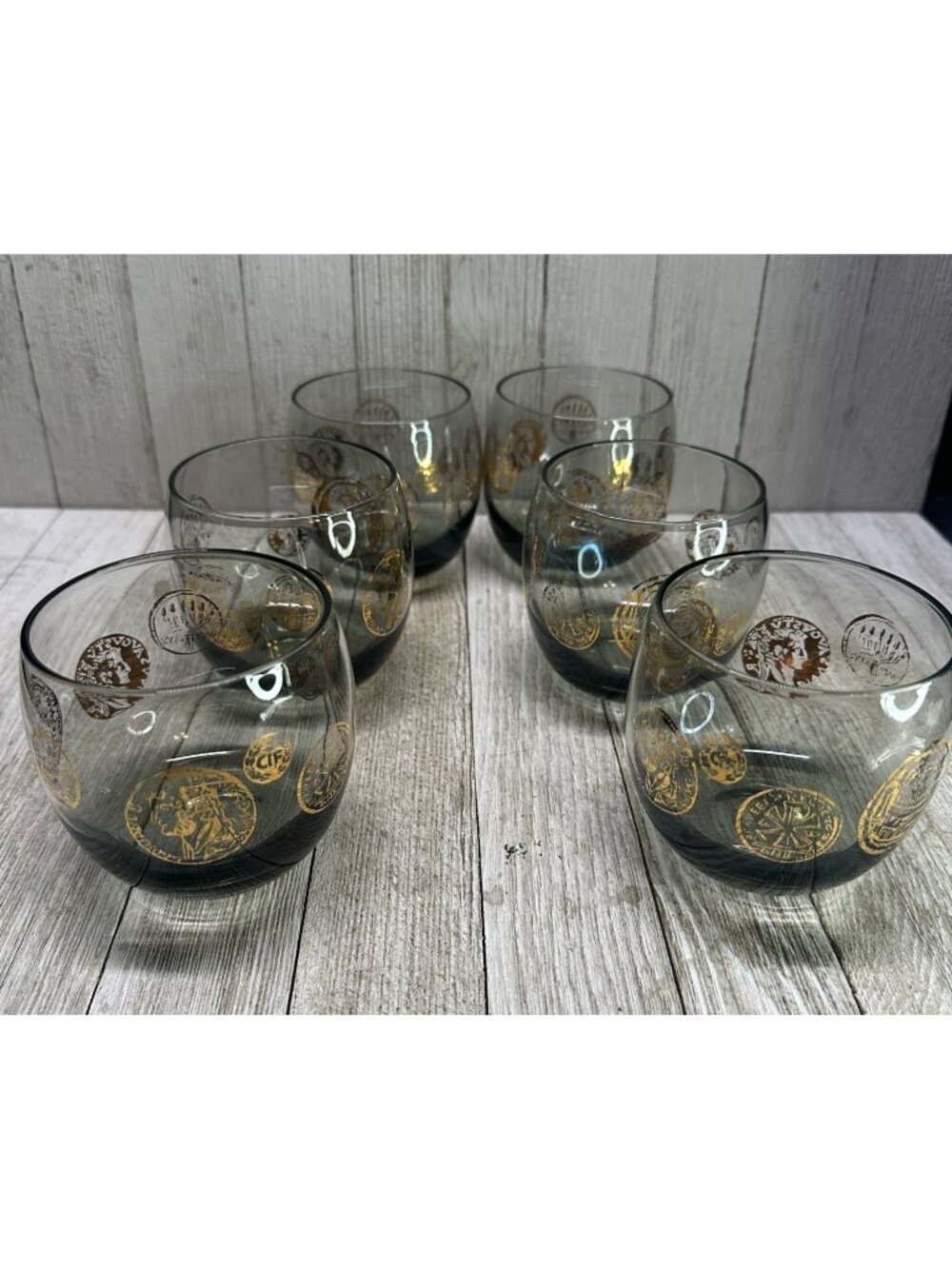 Vtg MCM Federal Roly Poly ROMA Gold Coin Glass Set 6 Mad Men Smokey Barware 3"